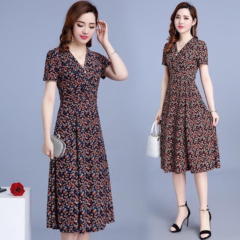 Đầm Hoa Ngắn Tay Cổ Tròn Dáng Ôm Xinh Xắn Thời Trang Cho Nữ