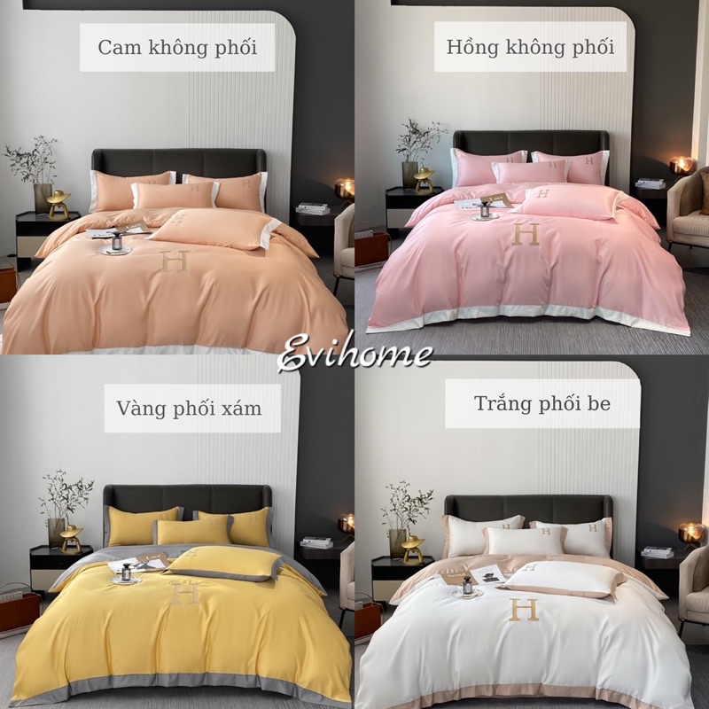 Bộ Chăn Ga Gối Phi Lụa Thêu Chữ "H" Hot Trend 2022 Sang Trọng 10 Tone Màu Siêu Sang