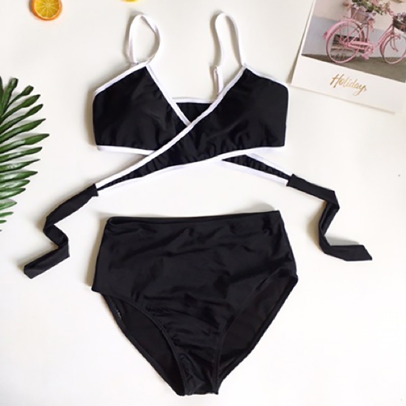 Bikini 2 mảnh đắp chéo đen viền trắng quần đùi cạp cao Freesize 40kg đến 55kg vải thun lạnh co dãn 4 chiều QP024