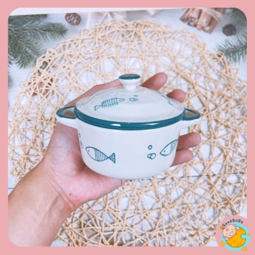 Bát Ăn Dặm,Bát Gốm Sứ Hình Nồi Họa Tiết Có Nắp Cho Bé 250 Goodbabyvn