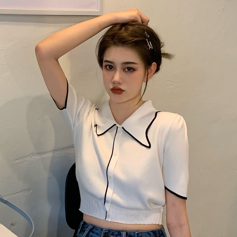 Áo Len Dệt Kim Tay Ngắn Cổ Cánh Bướm Độc Lạ Phong Cách Hàn Quốc Smide Clothing