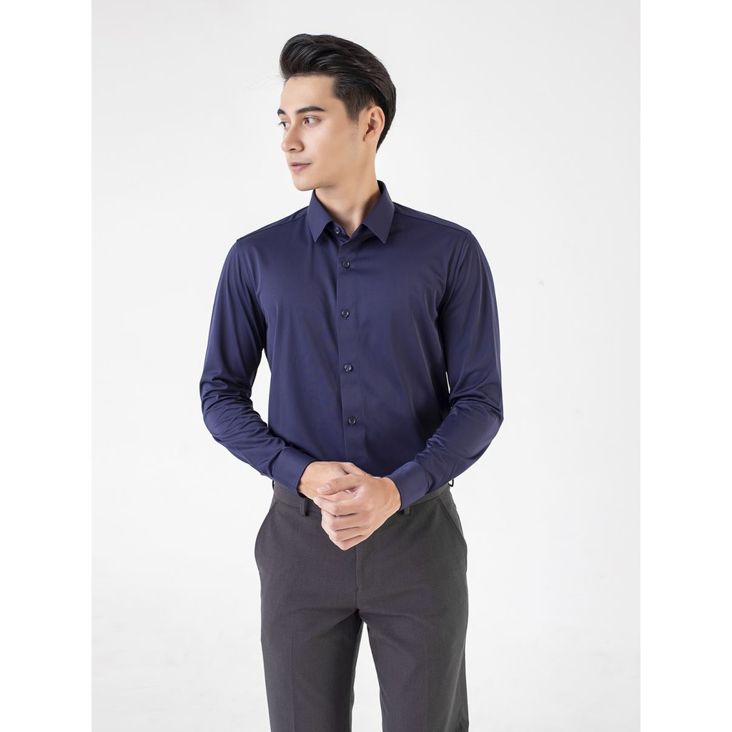 Áo Sơ Mi Nam Dài Tay ARISTINO ALS12009 Somi Công Sở Cao Cấp Màu Xanh Navy Kẻ Sọc Chìm Vải Sợi Knit Dáng Ôm Không Túi | BigBuy360 - bigbuy360.vn