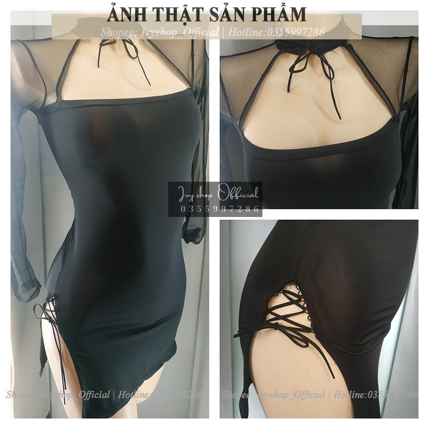 Váy Ngủ Sexy Phối Voan Xuyên Thấu Mã SXD192 , Đầm Ngủ Body Thun Xẻ Đùi Gợi Cảm