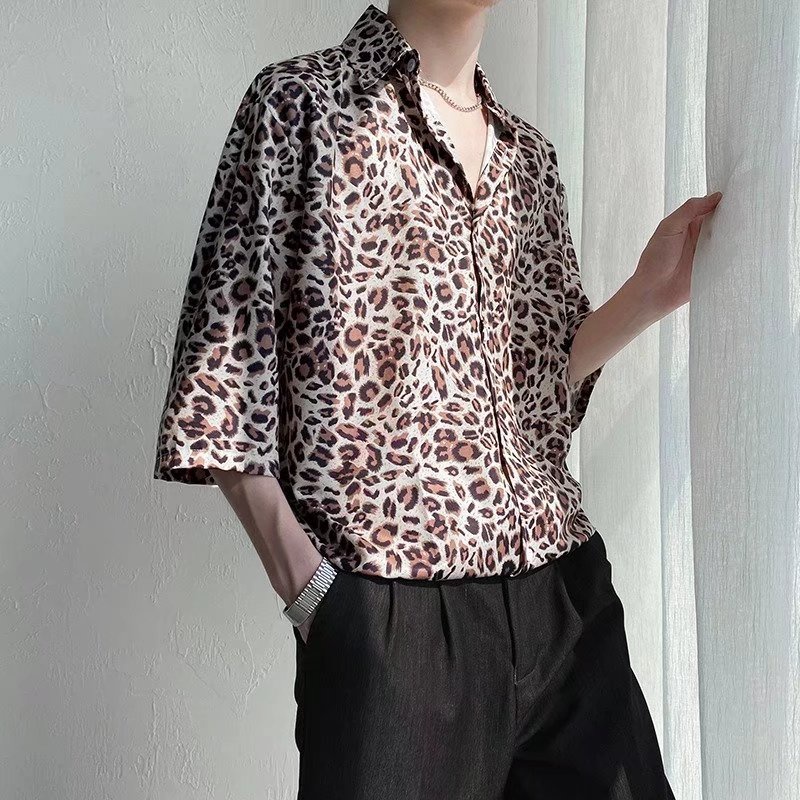 Áo Sơ Mi Lụa Lạnh Tay Ngắn In Họa Tiết Da Báo Phong Cách Nhật Bản Cho Nam