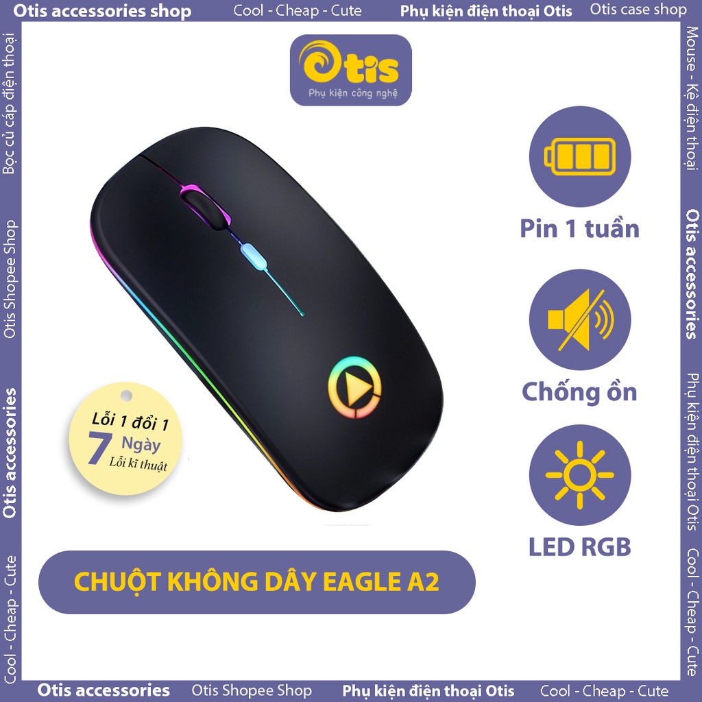 Chuột Không Dây Máy Tính Sạc Pin, Cổng USB A2 Led, Không Tiếng Ồn, Siêu Mỏng, Lỗi 1 Đổi 1 - Otis Shop