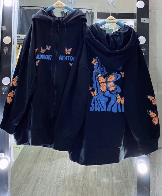 Áo khoác hoodie nỉ mũ khoá in bướm dáng to rộng cánh rơi Hs