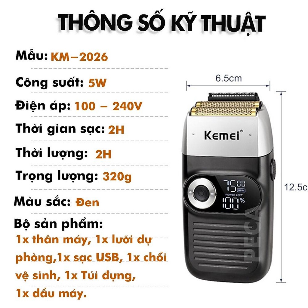Máy Cạo Râu Khô Đa Năng Lưỡi Kép 3 Mức Tốc Độ Kemei KM-2026 Màn Hình LCD, Sạc Pin, Chính Hãng