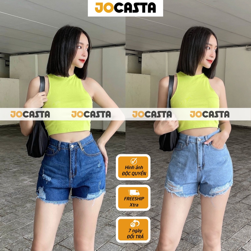 Quần short jeans bò JOCASTA trơn rách cạp lưng đáy siêu cao SH1