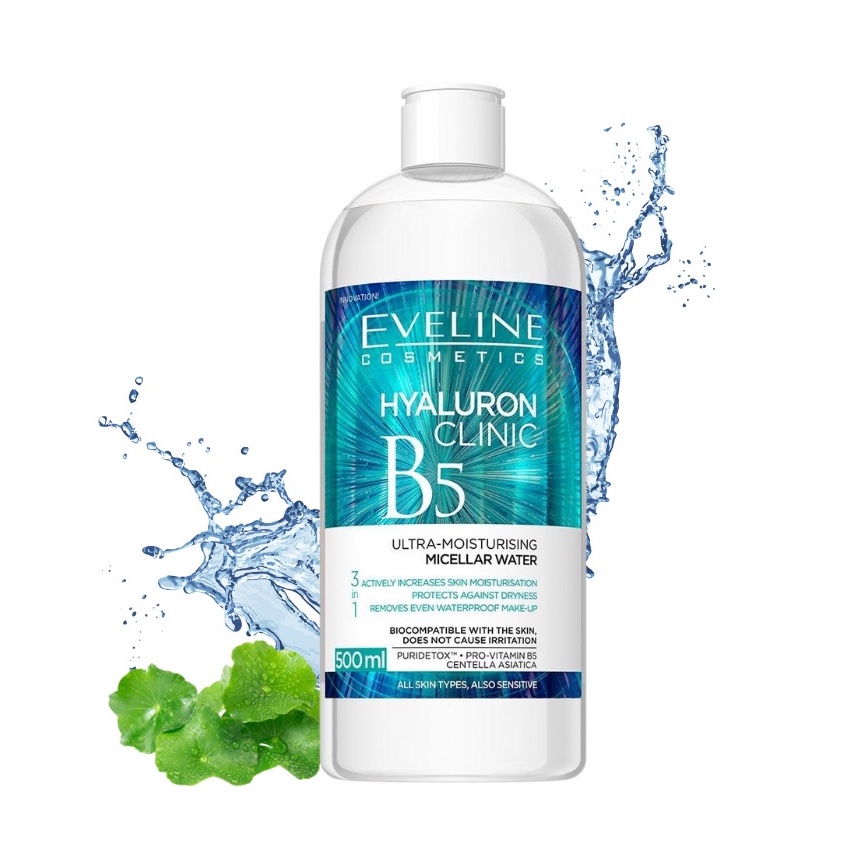 Nước Tẩy Trang Eveline Hyaluron Clinic B5 Làm Dịu, Dưỡng Ẩm Và Phục Hồi Da 3 Trong 1 - 500ml