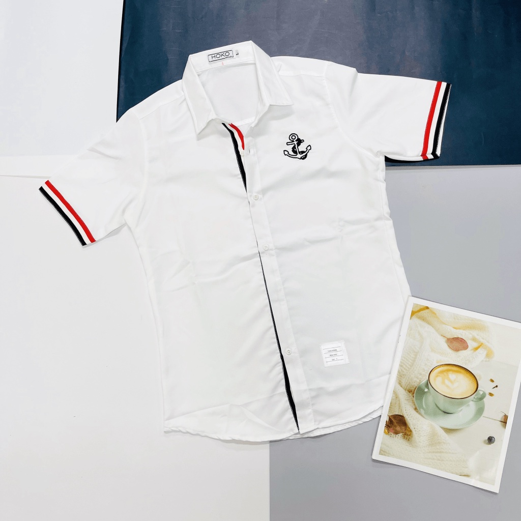 Áo Sơ Mi Nam Tay Ngắn Logo Thêu Mỏ Neo Phối Sọc Đỏ Đen Thiết Kế Tinh Tế Sang Trọng [NEW UNISEX]