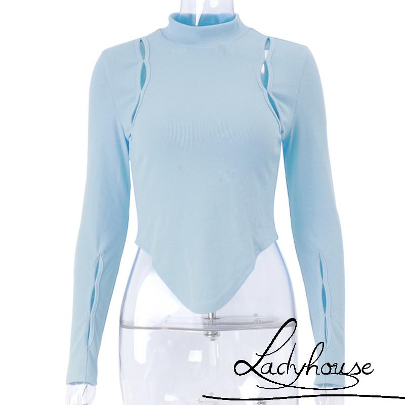 Áo Thun Dài Tay Cổ Cao Cắt Xẻ Màu Trơn Đơn Giản Dành Cho Nữ