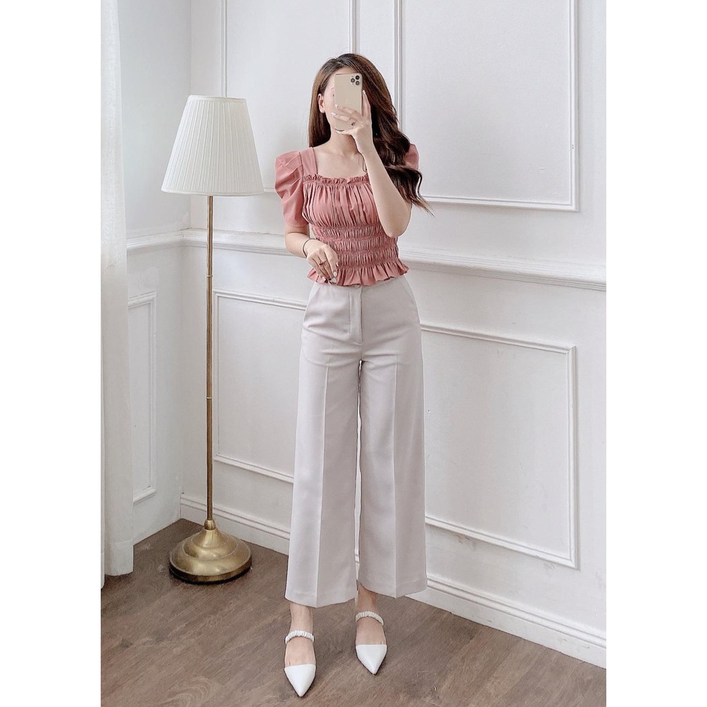 Set bộ quần sớ ống suông cúc bọc mix áo nhún cực đẹp | BigBuy360 - bigbuy360.vn