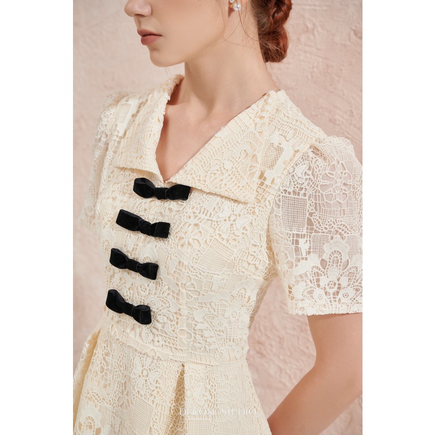 Bellamy Dress - Váy nơ ren trắng ngà ngắn tay