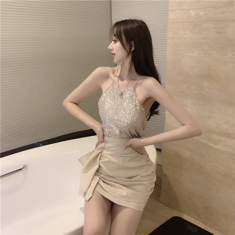 Set Áo Hai Dây Đính Kim Sa Và Chân Váy Chữ A Lưng Cao Thời Trang Hè 2021 Quyến Rũ Cho Nữ