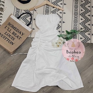 [Ảnh thật] Đầm midi trắng 2 dây rút dây eo vintage