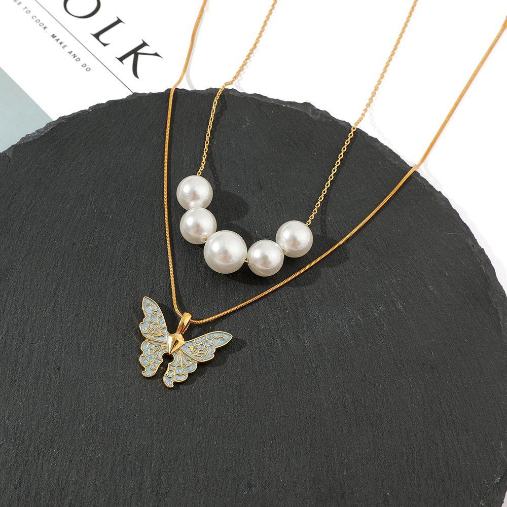 ANEMONE Dây Chuyền Hai Lớp Mặt Hình Bướm Phong Cách Hàn Quốc Ngọt Ngào Cho Nữ