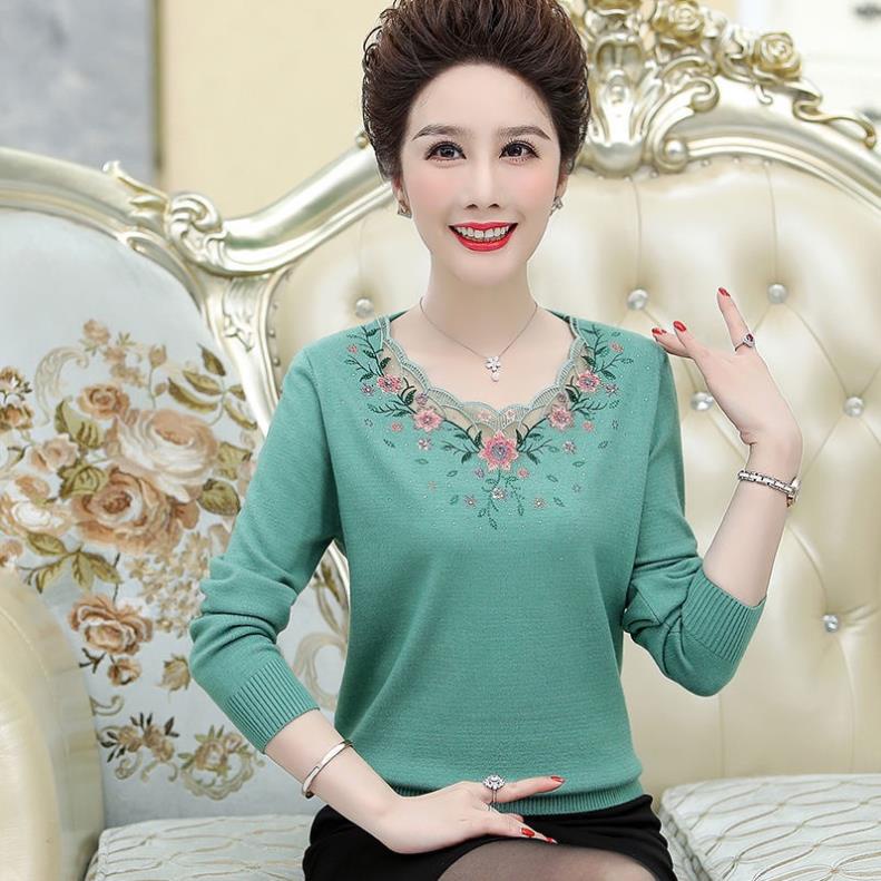 Quần áo phụ nữ trung niên và cao tuổi, áo dài tay mùa xuân và mùa thu, áo len chui đầu của mẹ (*1