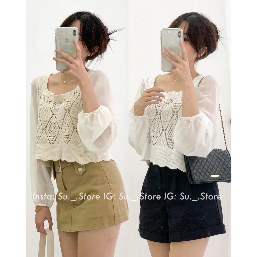 Áo len cổ vuông viền lượn tay voan A2405 SUSTORE