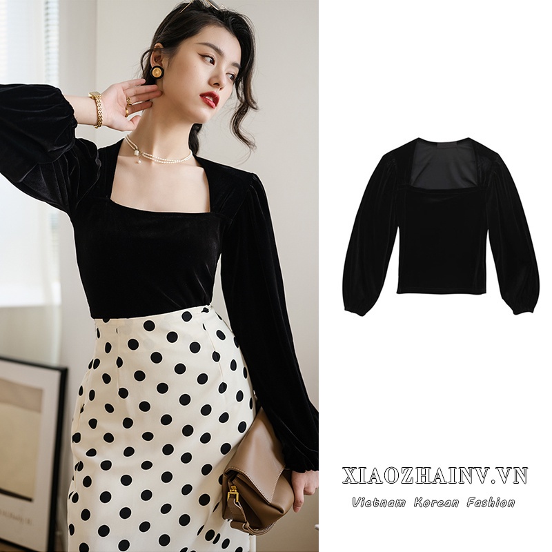 Áo sơ mi nữ Xiaozhainv tay phồng theo phong cách retro
