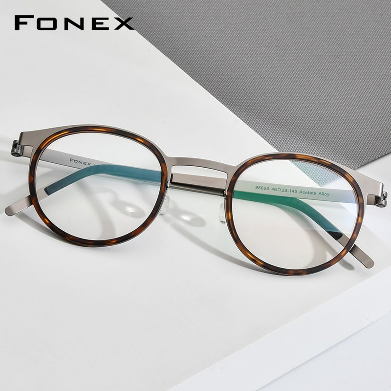 FONEX 2021 Kính hợp kim axetat Gọng kính Nam nữ Cổ điển Tròn Cận thị Gọng kính quang học Kê đơn Kính đeo mắt Kính mắt không vặn 98625