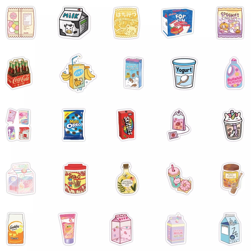 Combo 100 Sticker FOODY DRIND SNACK ĐỒ ĂN hình dán chống nước dán mũ bảo hiểm, laptop, vali, điện thoại, guitar