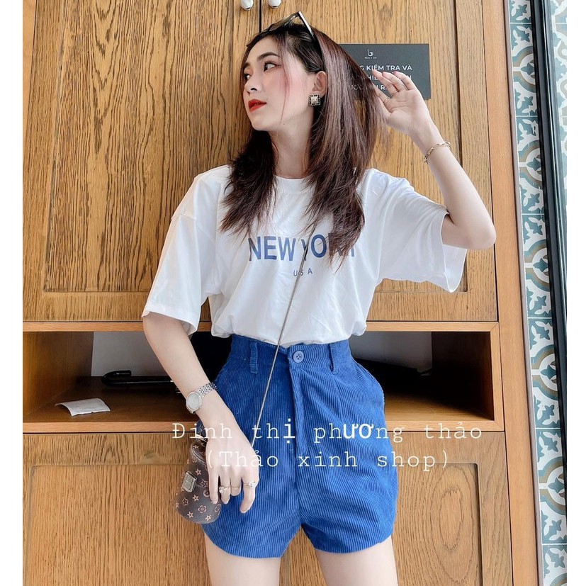 Set Áo Thun Nữ Newyork Mix quần Sooc Bò Cạp Cao, Áo Phông Cotton Đẹp Quần Short Bò Cạp Chun Cá Tính