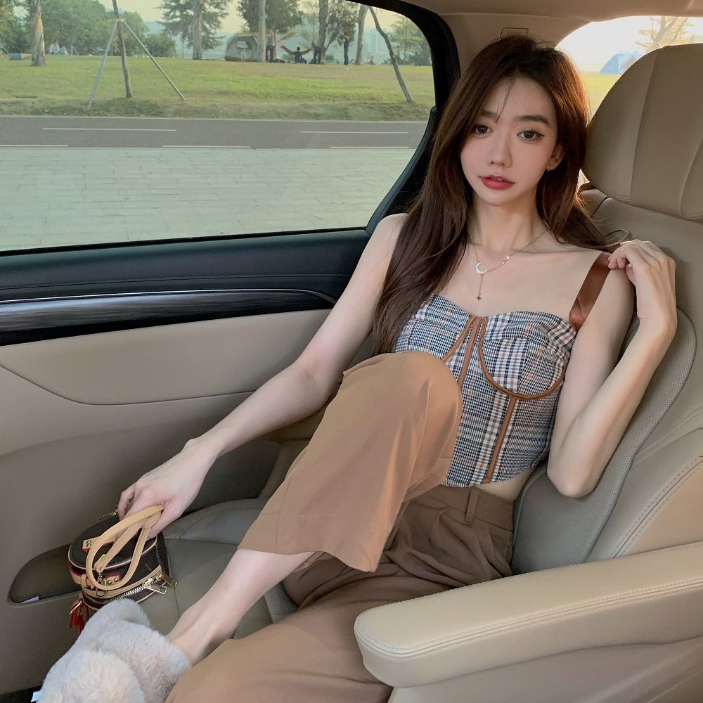 Jiashucheng Áo Nịt Eo Ngắn Ôm Dáng Eo Hẹp Dây Đeo Bên Trong Kẻ Caro Cao Cấp Phong Cách Âu Mỹ Retro Mùa Xuân
