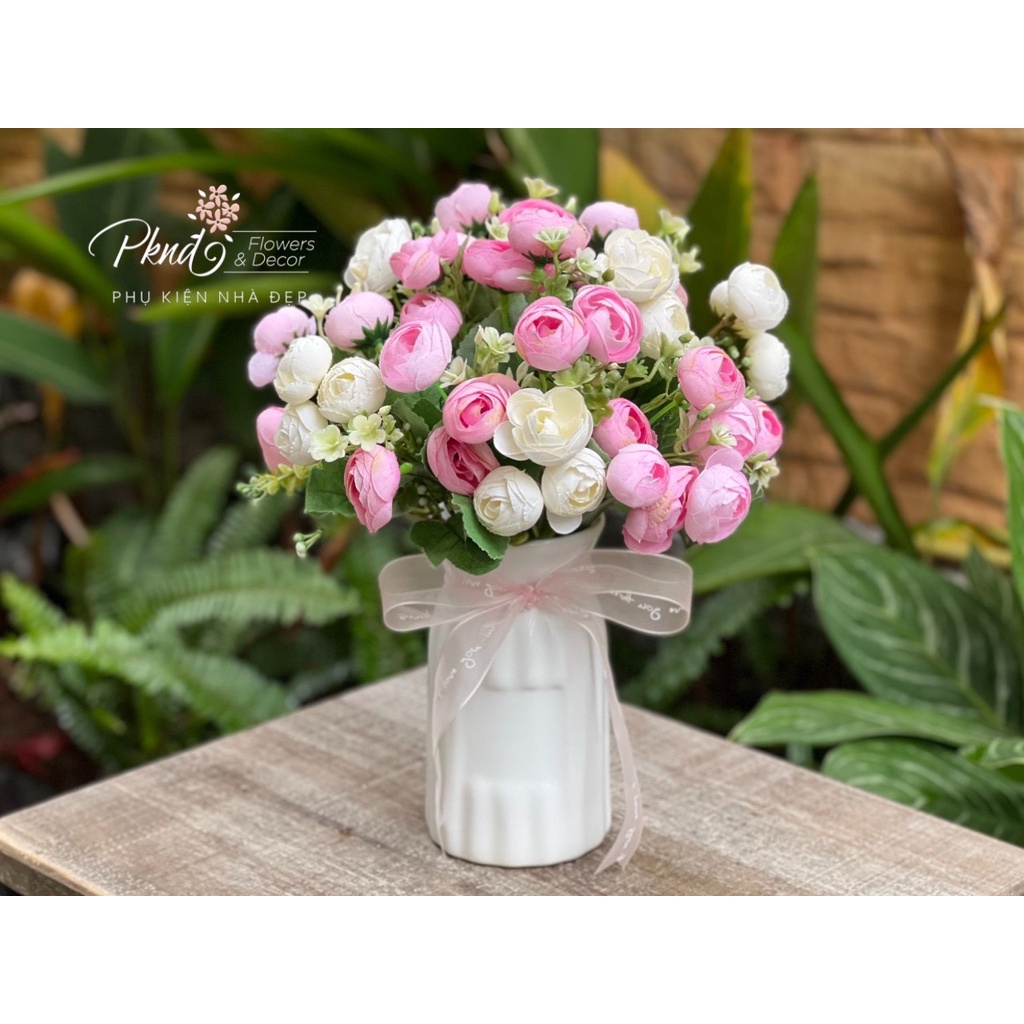 Bình hoa giả hoa lụa trà nhiều màu sắc để bàn đẹp PKND FLOWERS &amp; DECOR PKSH44