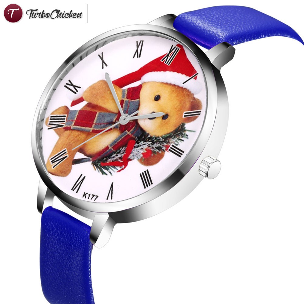 #Đồng hồ đeo tay# Women Watches Round Dial Faux Leather Strap Watch Cartoon Christmas Bear Quartz Watches