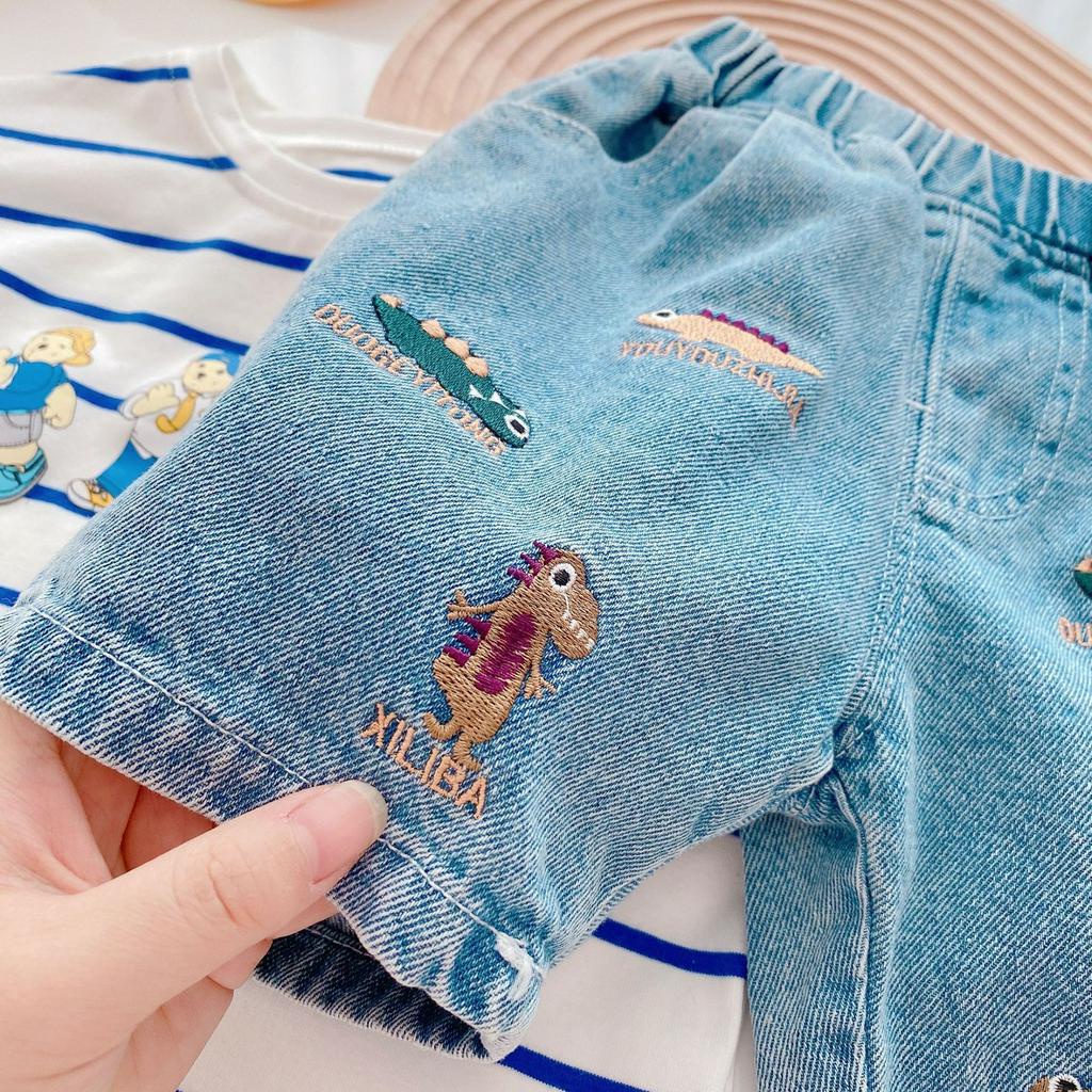 Fashion Kids Boys Cartoon Printed Denim Short Pants T-shirt Optional