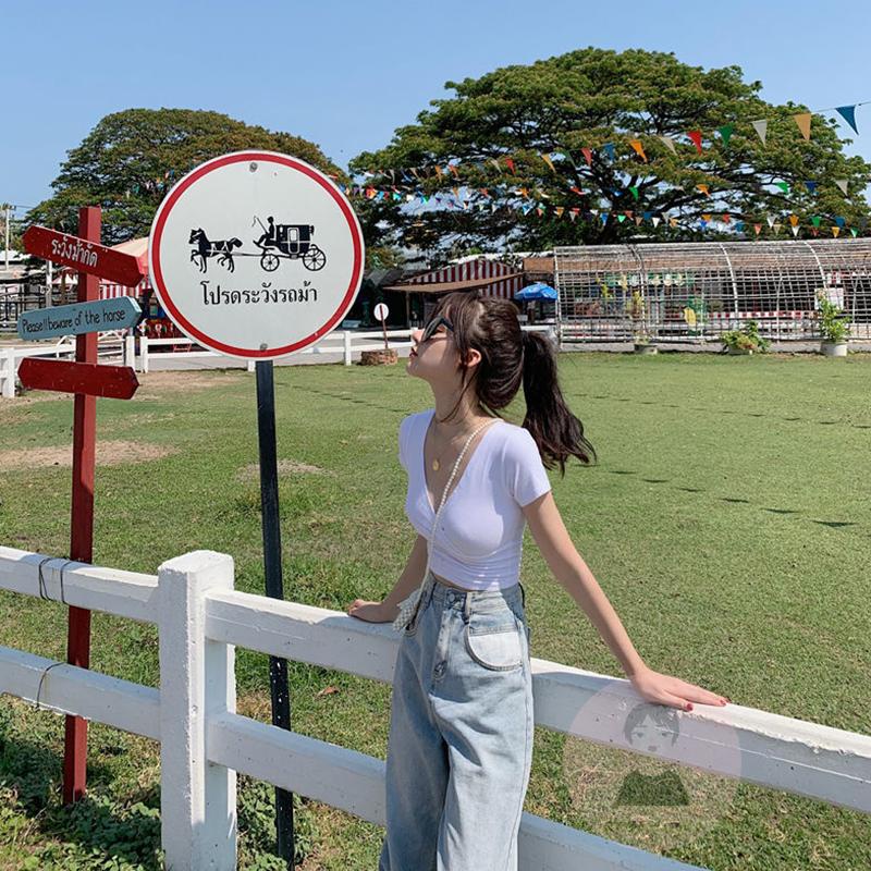 Áo Thun Tay Ngắn Cổ Chữ V Màu Sắc Đơn Giản Dành Cho Nữ