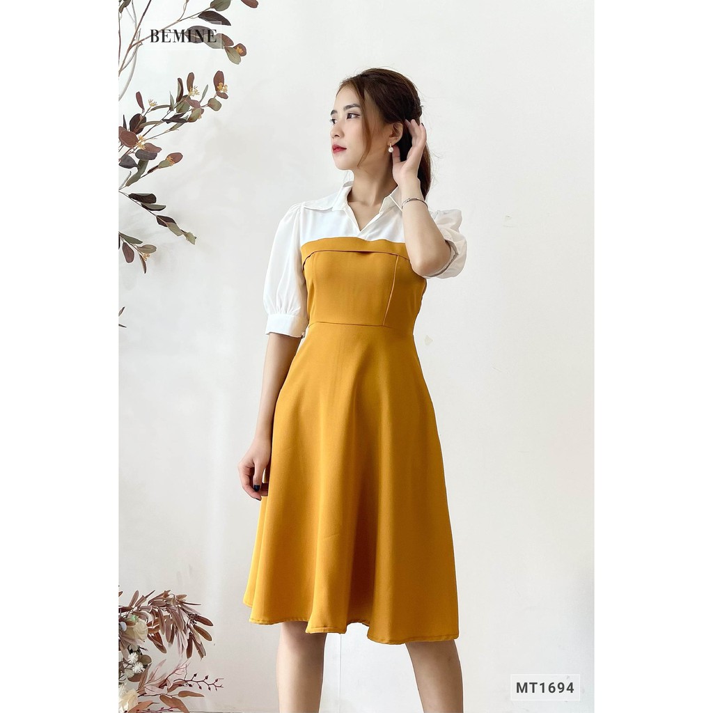 Đầm tay phồng phối trắng BEMINE MT1694VANG | BigBuy360 - bigbuy360.vn