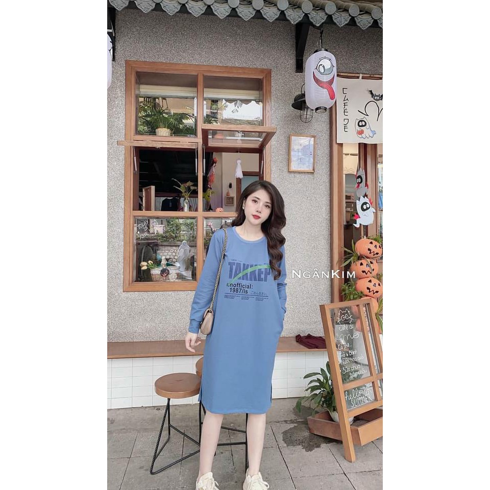 Váy suông nữ dài tay in chữ Tekkep xẻ tà xinh xắn | BigBuy360 - bigbuy360.vn