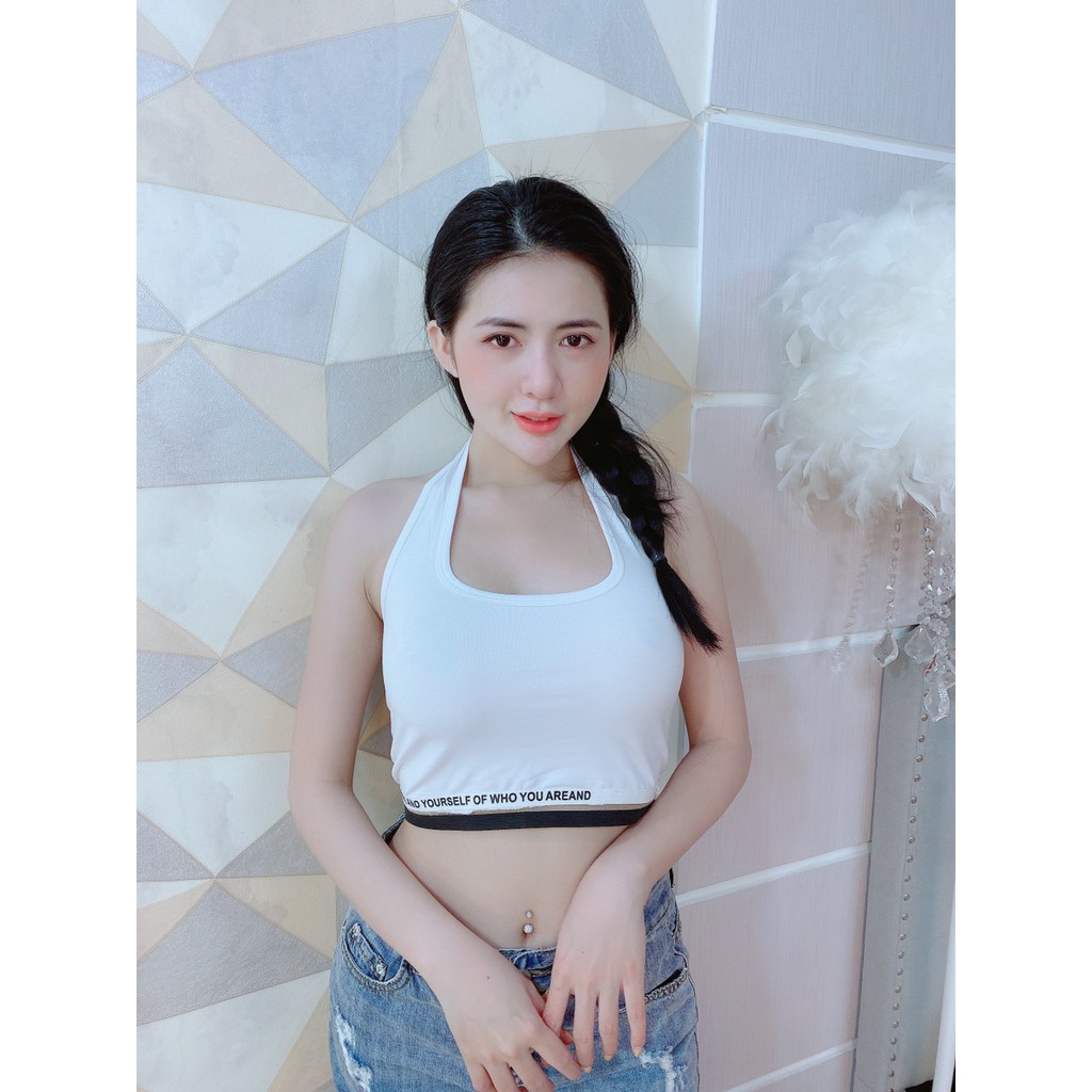 Áo yếm đeo cổ ôm body form croptop , kiểu phối thun chữ dưới cực xinh