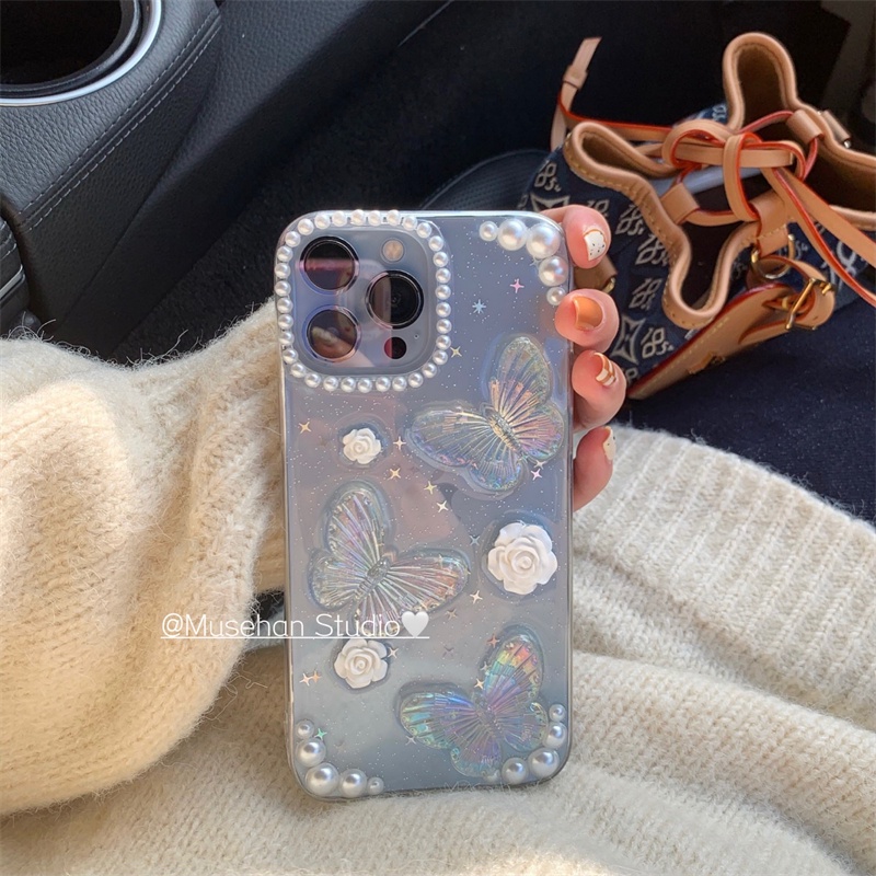 For iphone 14 pro max Ốp điện thoại trong suốt họa tiết hoa và bướm cho for  iPhone 13 Pro Max Xsmax 7 8plus X Xr 11 12 11pro 12promax
