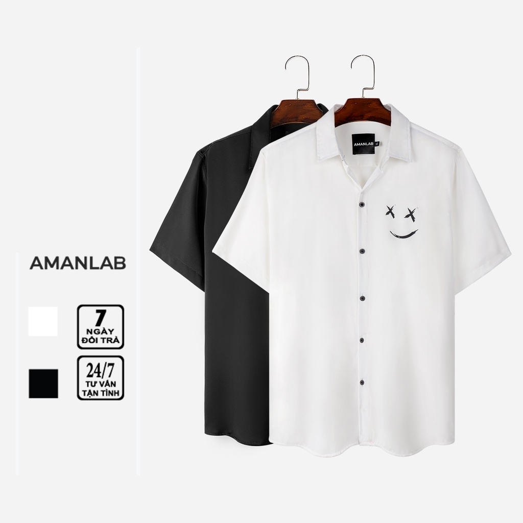Áo sơ mi nam ngắn tay, họa tiết mặt cười chất vải lụa không nhăn, form regular Smile AMANLAB