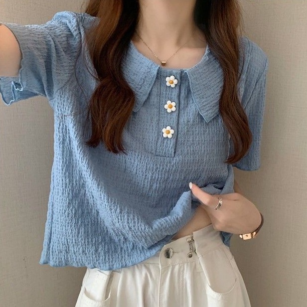 Áo thun tay ngắn cổ búp bê nút hoa phong cách Hàn Quốc thời trang cho nữ áo phông nữ