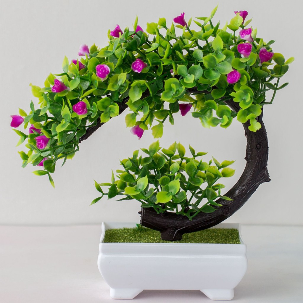 CÂY GIẢ BONSAI HOA RỰC RỠ kèm chậu- Chậu cây Phú Quý Cát Tường, trang trí, để bàn - Hoa giả