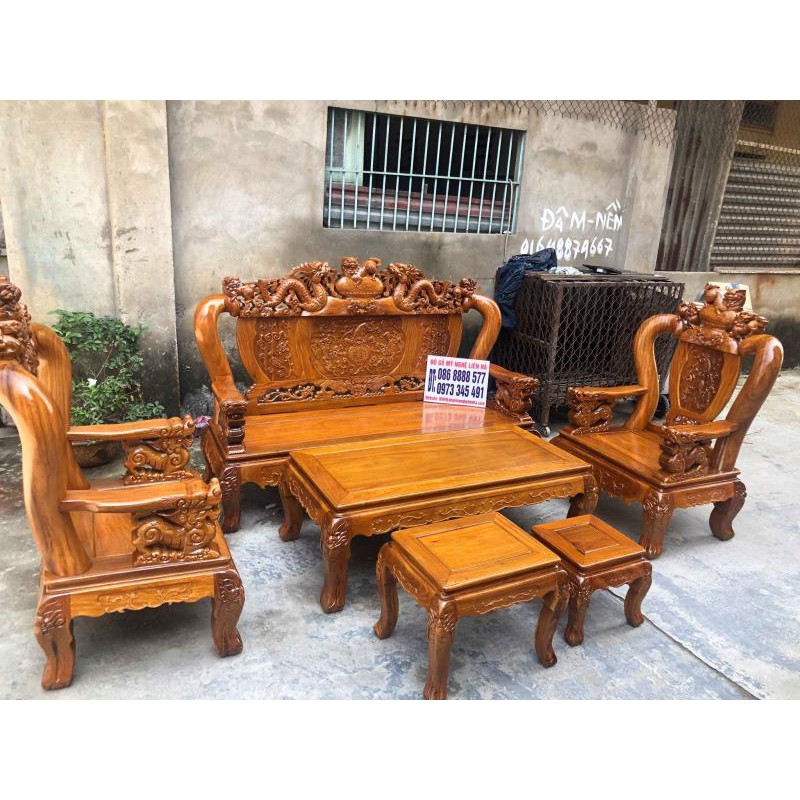 Bộ bàn ghế nghê đỉnh 6 món cột 12 gỗ lim nam phi