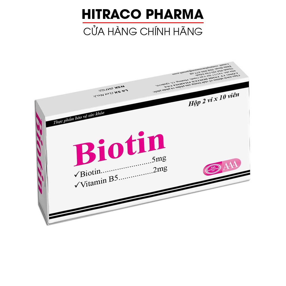 Viên uống bổ sung Biotin, Vitamin B5 giúp tóc chắc khỏe, giảm gãy rụng tóc - Hộp 20 viên [Biotin Vỉ 20 viên]