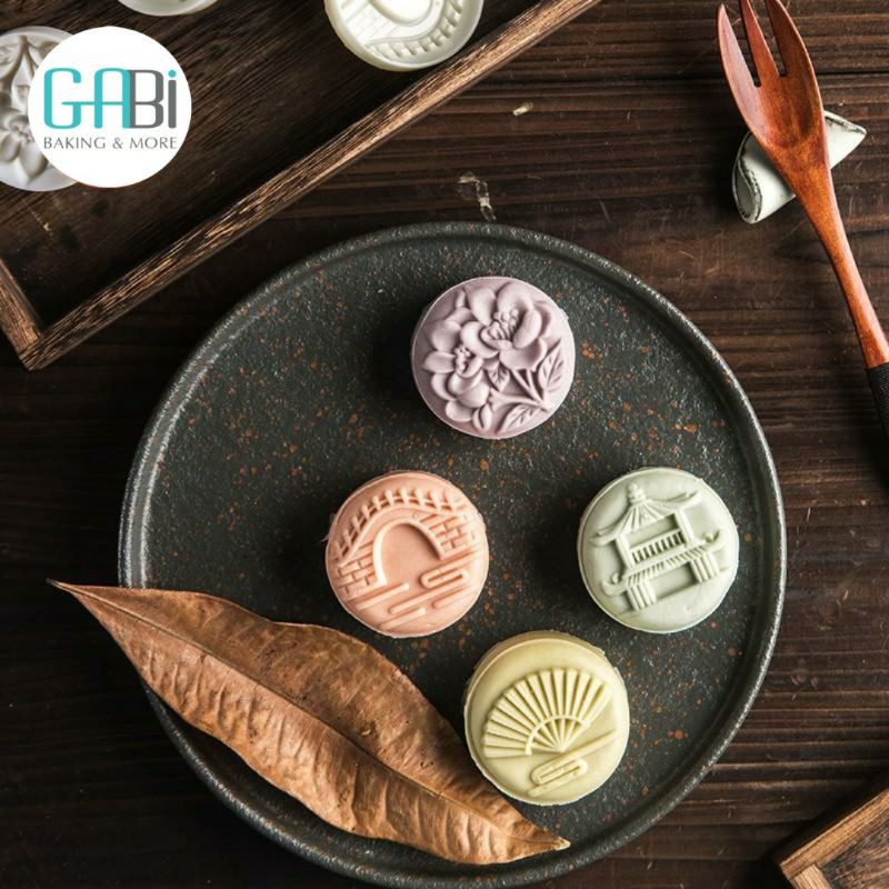 Khuôn trung thu nhấn lò xo 4 mặt 50-80g đền-cầu-quạt-hoa