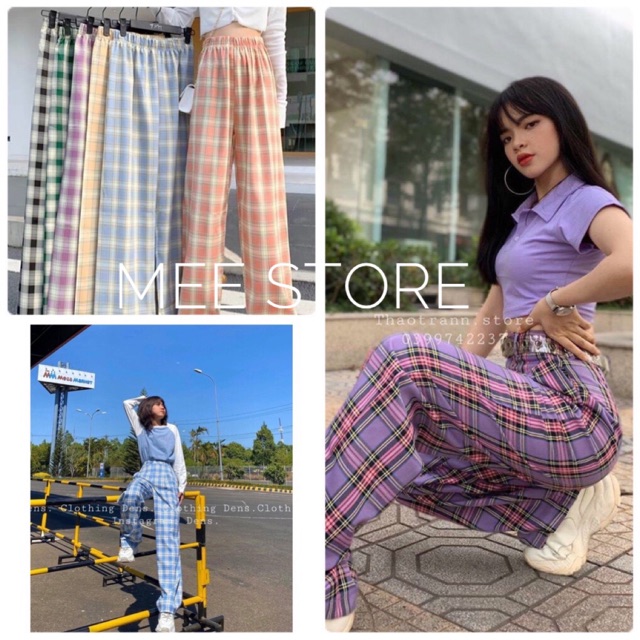 Quần suông ống rộng nữ 🌸 Cullotes Kẻ Caro Ống rộng Cạp Cao Dáng Chuẩn Cài khuy Có Khoá