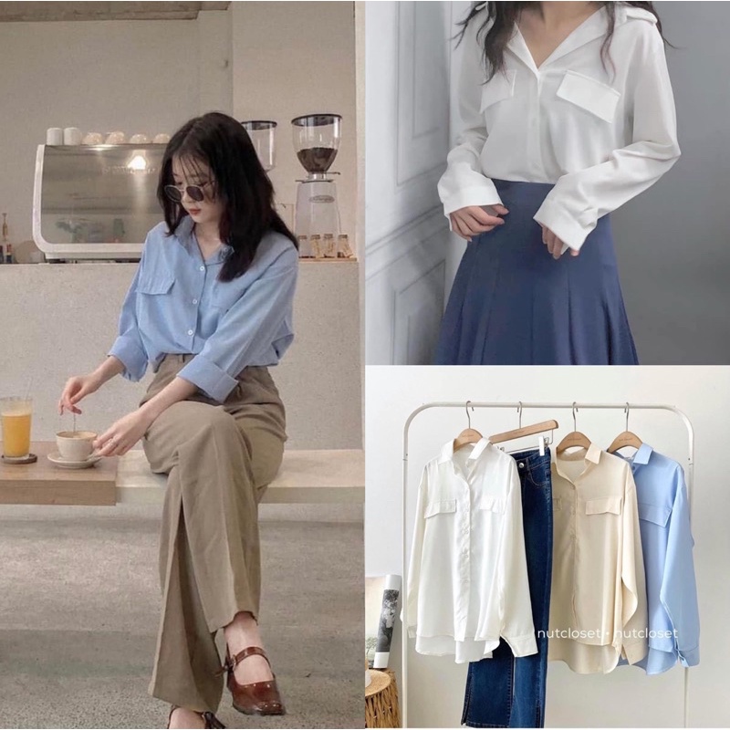 ÁO SƠMI TÚI NẮP GIẢ CỔ ĐỨC CHẤT LỤA MỊN style Hàn Quốc