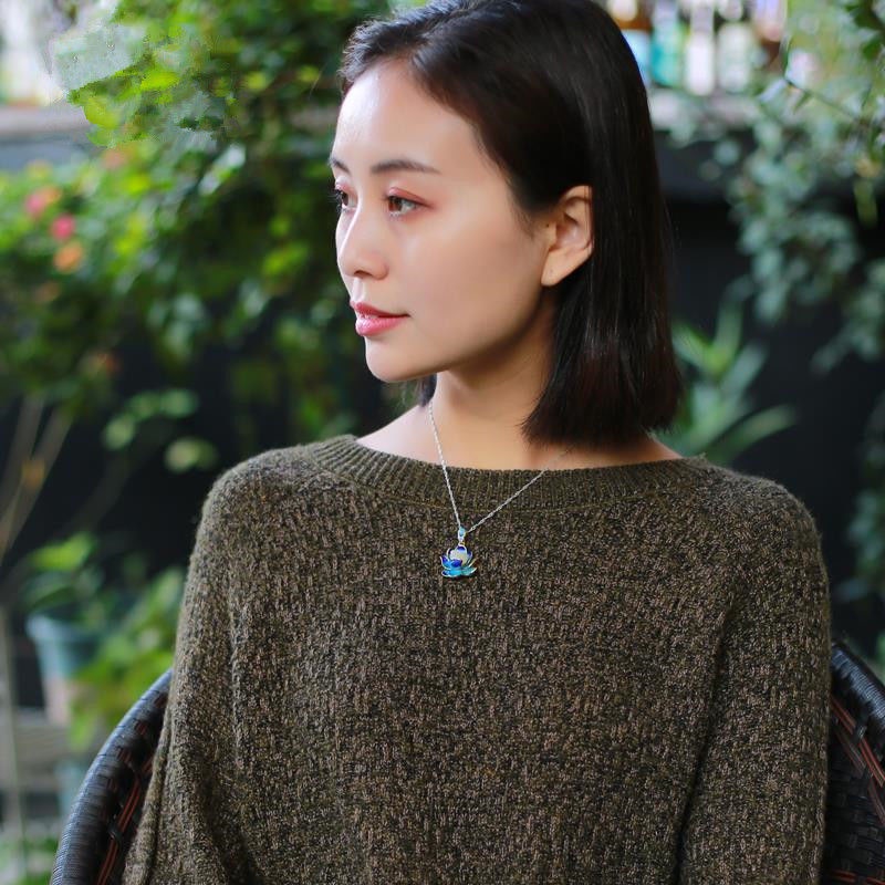 Cloisonne Vòng cổ Mặt Hoa Sen Đá Ngọc Bích Trắng Phong Cách retro