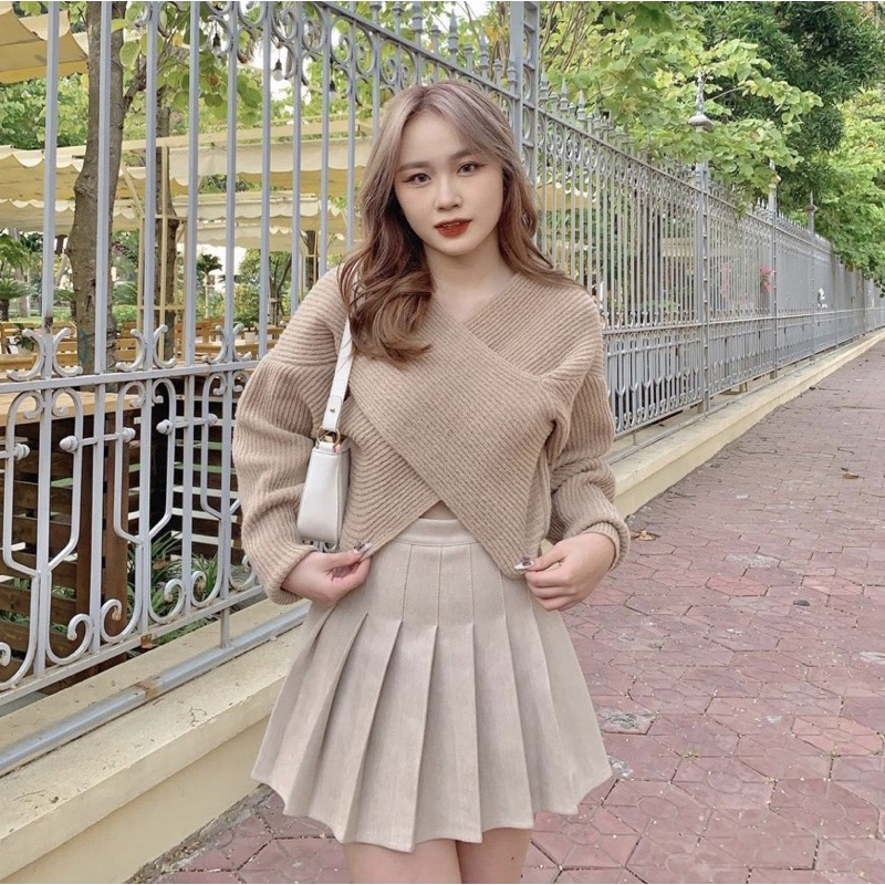 SET ÁO CHÉO NÂU + CHÂN VÁY KEM XẾP LY