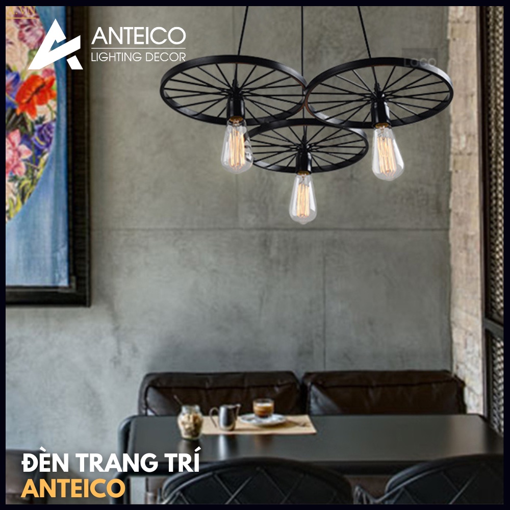 Đèn thả 3 bánh xe trang trí quán cafe đầy đủ phụ kiện dây đui ốp trần phong cách vintage cổ điện đẹp Anteico