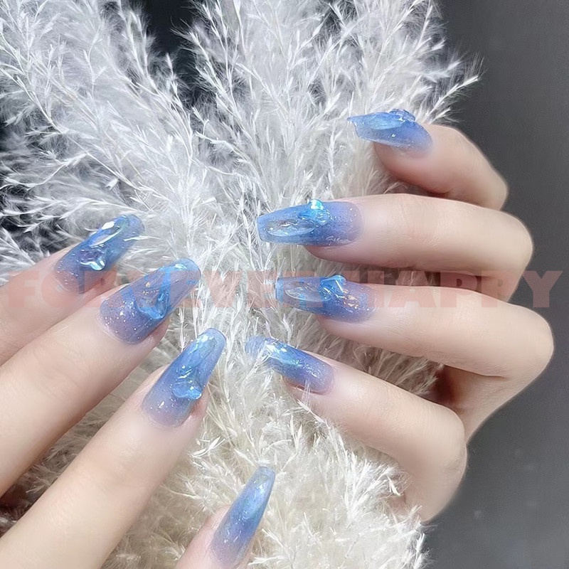 Bộ 24 Móng Tay Giả 3D Màu Xanh Bóng Thời Trang Cho Nữ
