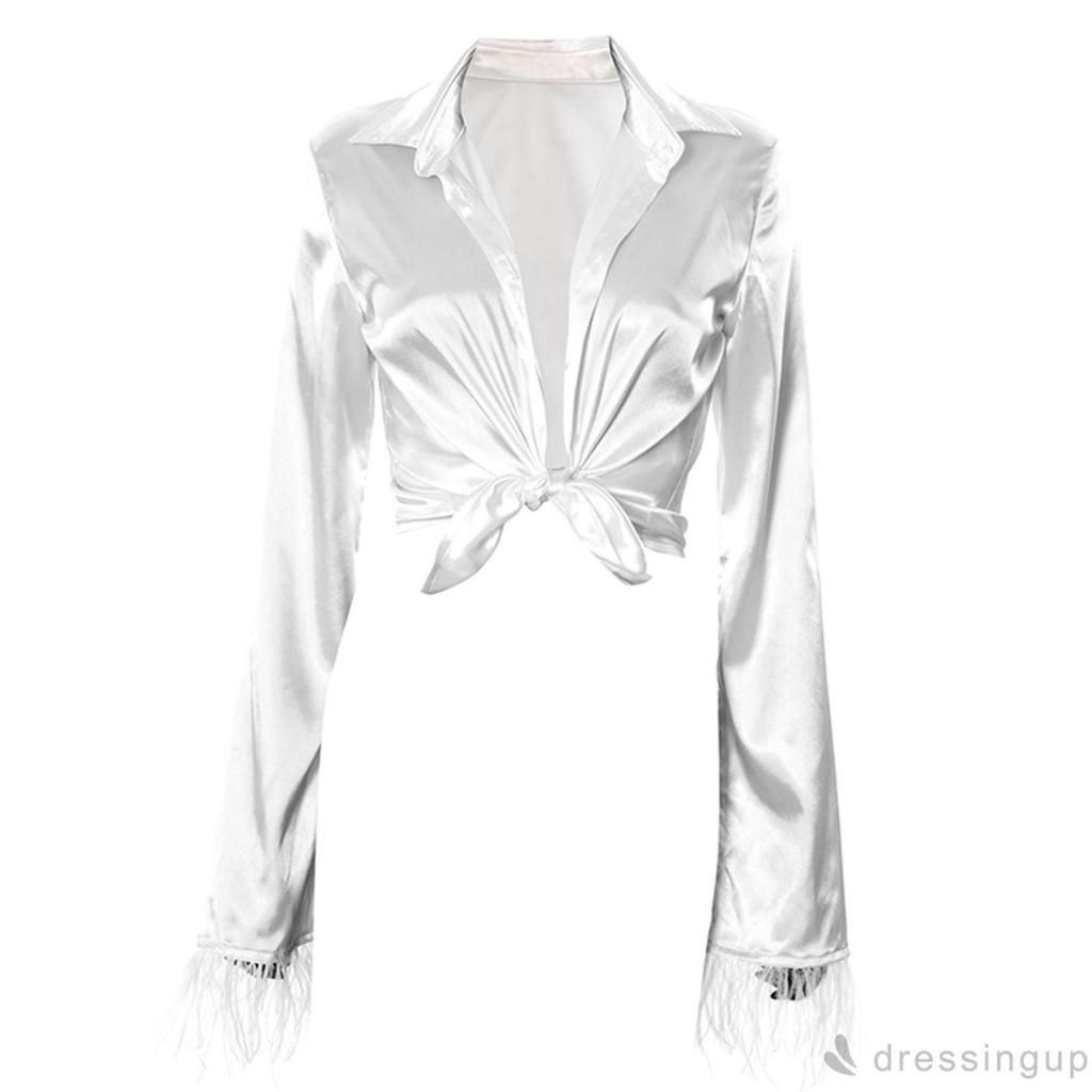 Áo sơ mi tay dài cổ bẻ thắt nút màu trắng thời trang mùa thu cho nữ