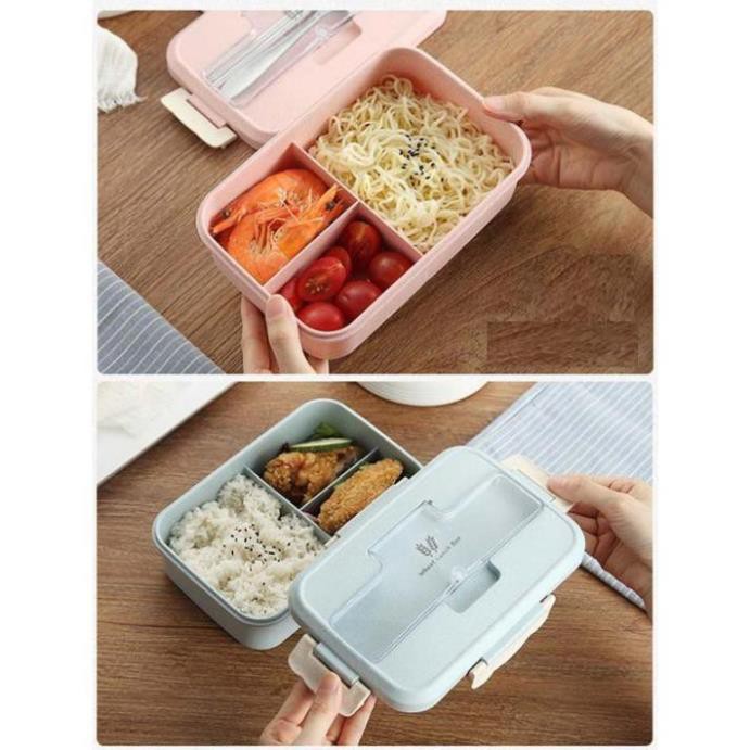 Hộp Cơm Lúa Mạch 1 Tầng 3 Ngăn Kèm Đũa Thìa Inox