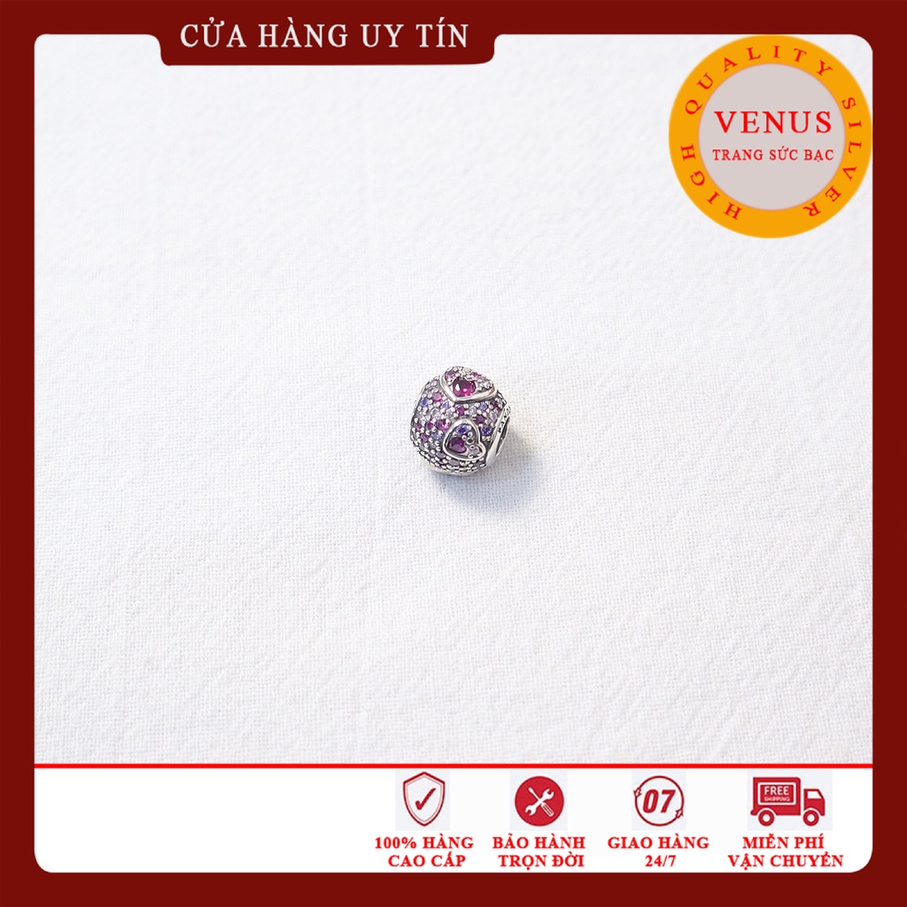 Charm cầu tim hồng đậm- Bạc 925 cao cấp- Trang sức bạc Venus